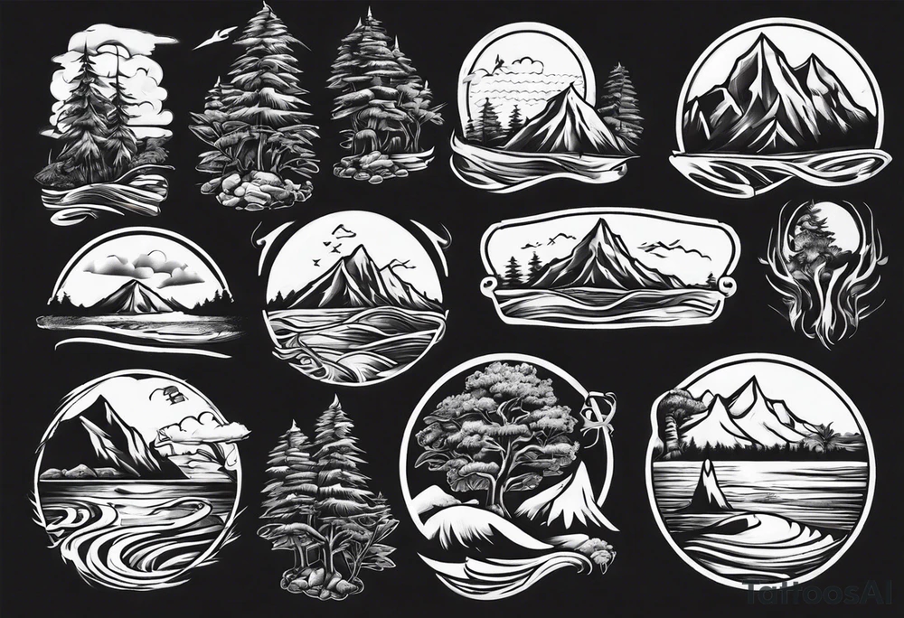 mountains, beach, waves, sunset, camping, trees tattoo idea