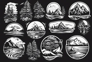 mountains, beach, waves, sunset, camping, trees tattoo idea