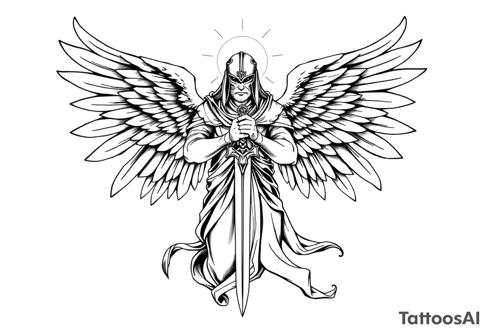 Holy Archangel, Biblical, Christianity, Hebrew, Guards of Christianity, Holding a sword, has six wings, wearing helmet, halo, seraphim, seek justice, walk only with God tattoo idea