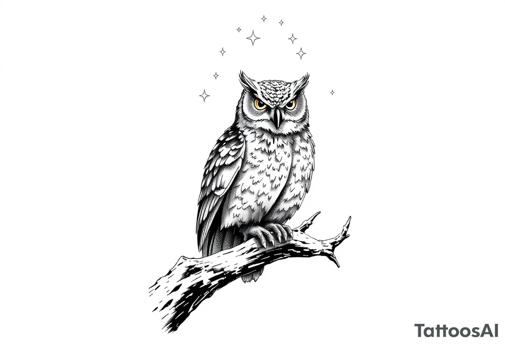 wise owl perched on ancient oak branch under starlit sky tattoo idea