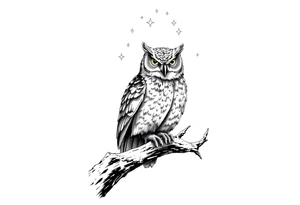 wise owl perched on ancient oak branch under starlit sky tattoo idea