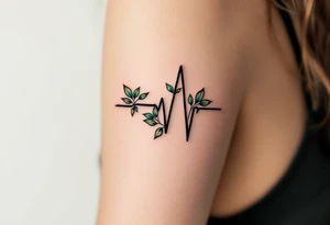 A black EKG line with small emerald green leaves at the peaks, representing life, growth, and nature. tattoo idea