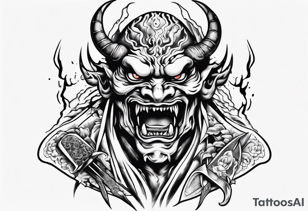 Japanese demon coming out of a knife blade tattoo idea
