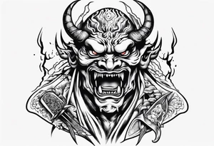 Japanese demon coming out of a knife blade tattoo idea