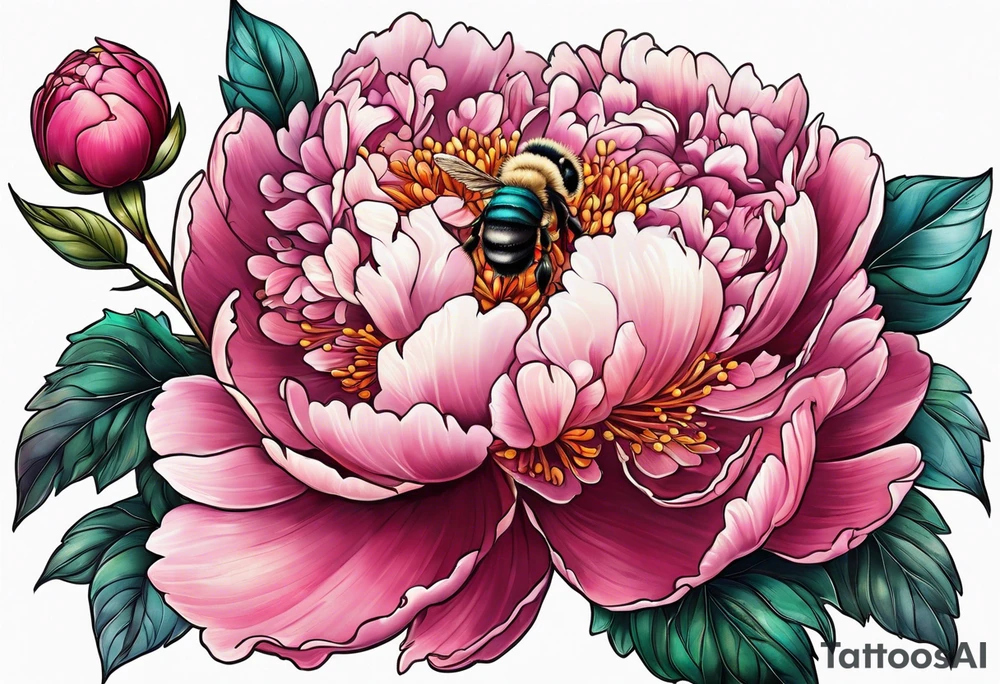 Vibrant peony with hydrangea and leaves and a bee tattoo idea