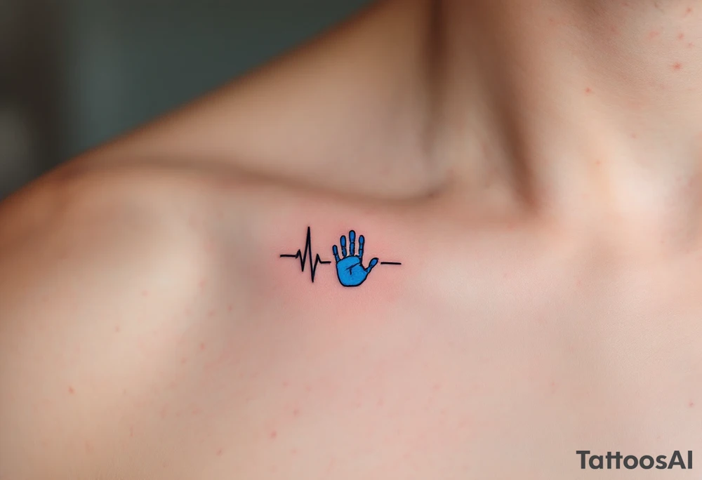 A heartbeat line in black ink ending in a tiny handprint shaded with light blue. tattoo idea