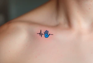 A heartbeat line in black ink ending in a tiny handprint shaded with light blue. tattoo idea
