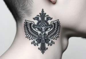 Traditional orthodox ICXC Christian cross with Jesus Christ on the cross also with the foot rest part of the cross in a Russian double headed eagle Kremlin setting tattoo idea