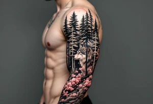 evergreen forest with sakura trees and wolf tattoo idea