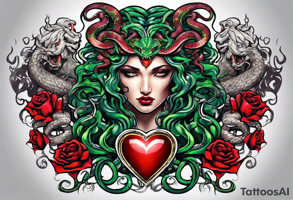 Medusa heads with snakes eating man's heart tattoo idea