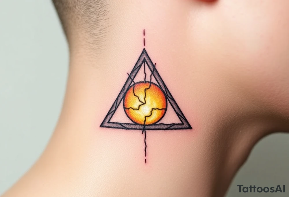 A shattered Deathly Hallows full symbol, with cracks revealing a glowing golden core tattoo idea
