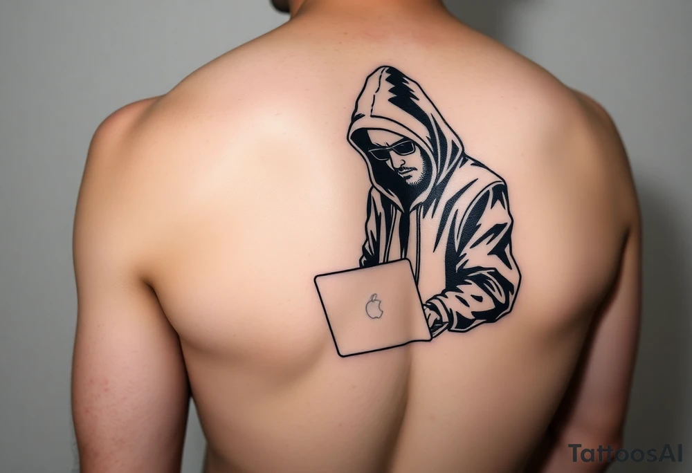Create a Image of Guy in a hoodie with laptop, like hacking, can you Make IT small so IT fits IT leg, ADD some like Matrix text that says Lovsan. tattoo idea