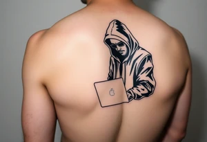 Create a Image of Guy in a hoodie with laptop, like hacking, can you Make IT small so IT fits IT leg, ADD some like Matrix text that says Lovsan. tattoo idea