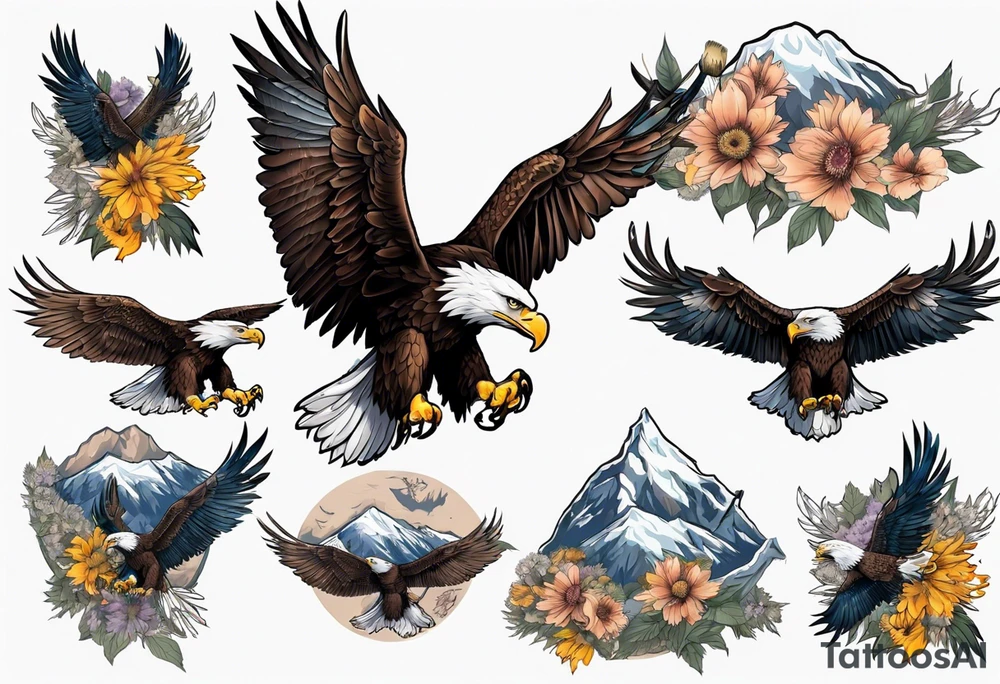 bald eagle with wings spread with mountain flowers in the background tattoo idea