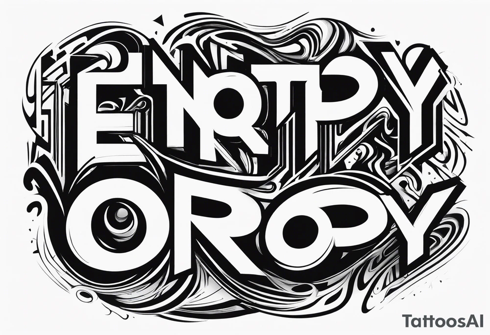 entropy word with a distorted or warped design. All black and without other components. Arial typography tattoo idea