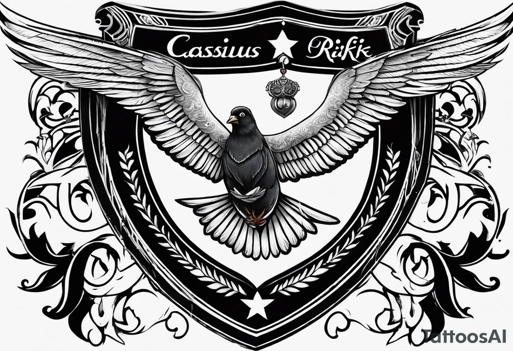 the name 'cassius rafiki mckenzie' written on a shield with a small dove and a bigger dove next to it tattoo idea