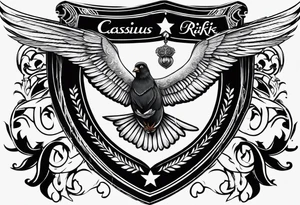 the name 'cassius rafiki mckenzie' written on a shield with a small dove and a bigger dove next to it tattoo idea