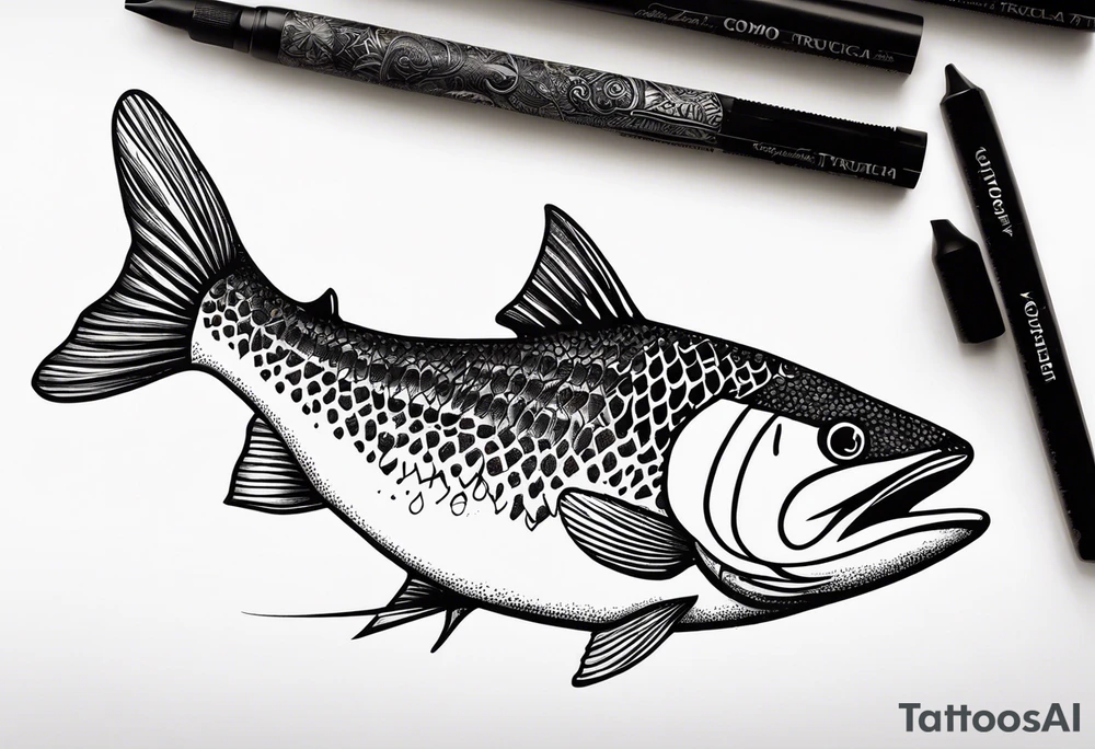 A small tattoo with a shaded trout and text that says, 'Como la trucha...' drawn with fine lines." tattoo idea