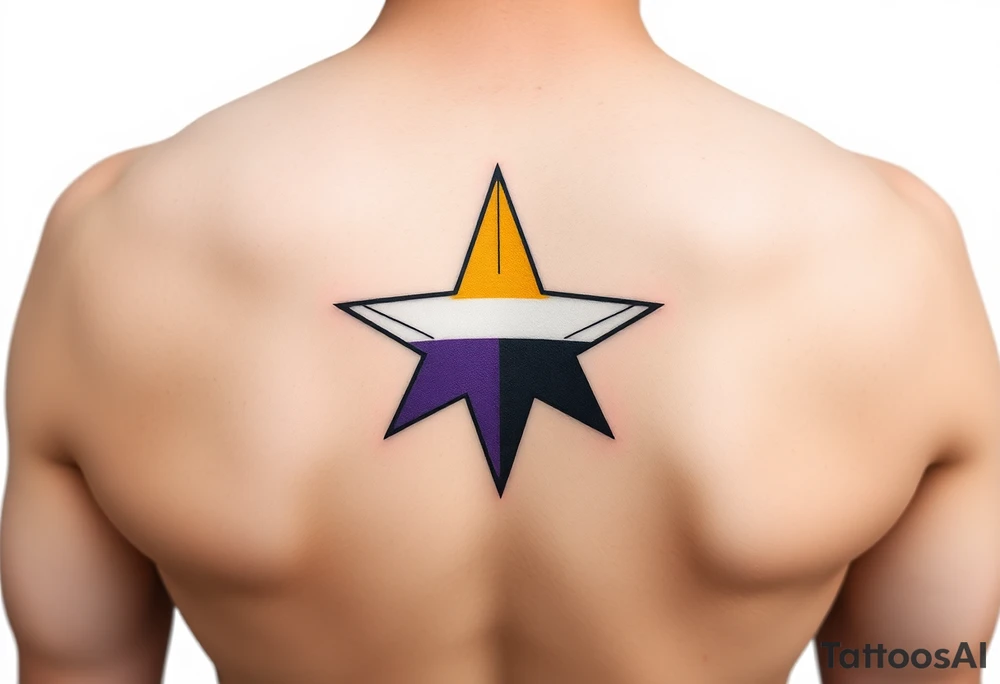 Minimalist star tattoo with nonbinary flag colors (yellow, white, purple, black), clean line art, transparent background. tattoo idea