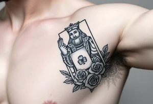 A king playing card with a highland card, a small four leaf clover, a small spanner the card surrounded by roses tattoo idea