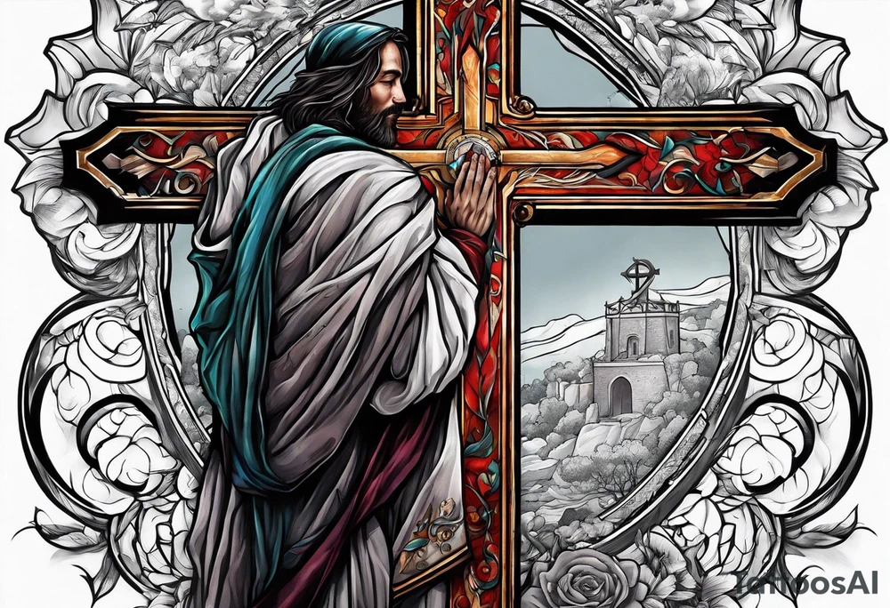 a man begging at the cross of Jesus tattoo idea