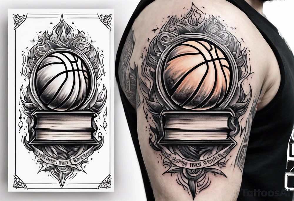 Basketball wit flames around it and a bible verse about ambition and flames going down the sleeve tattoo idea