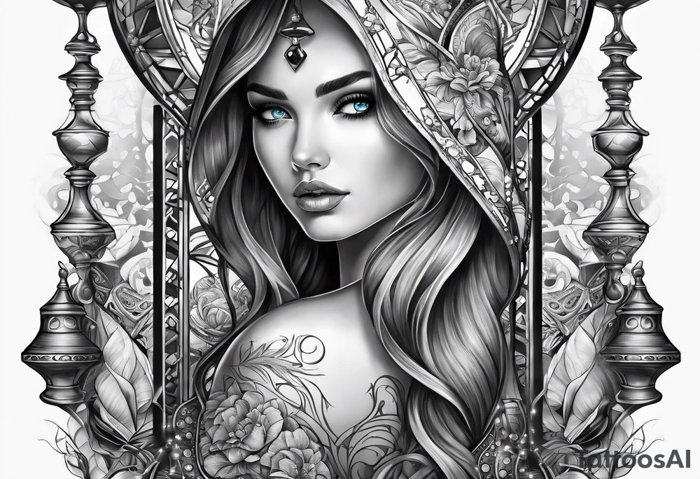 hourglass, blue-eyed girl, dice tattoo idea
