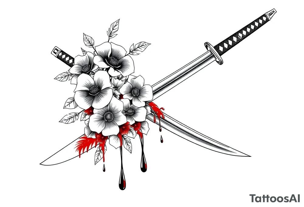 Katana with flowers and blood on the blade tattoo idea