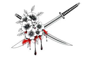 Katana with flowers and blood on the blade tattoo idea