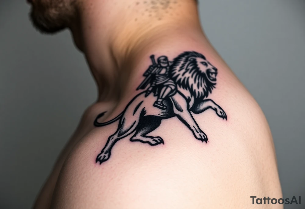 warrior riding on top of lion into battle tattoo idea