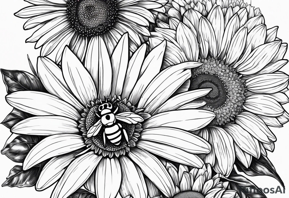 fine line drawing of gerber daisy lilies and sunflowers with a bee and a lady bug tattoo idea