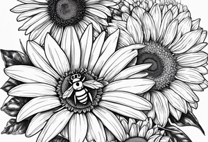 fine line drawing of gerber daisy lilies and sunflowers with a bee and a lady bug tattoo idea