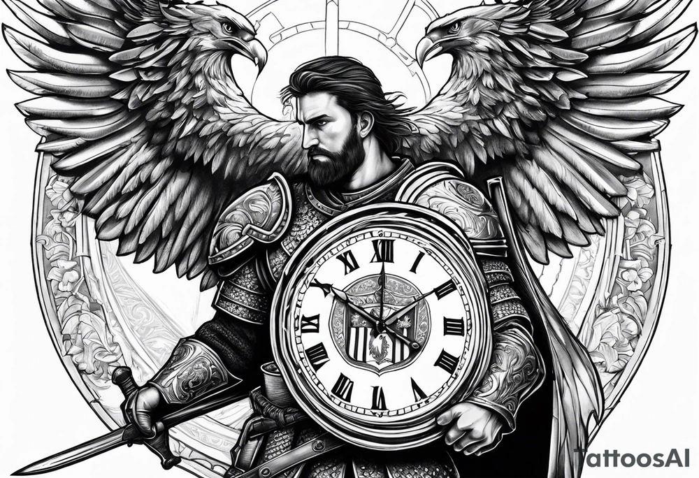Serbian knight holding a shield with the Serbian eagle in the shield with a clock around him tattoo idea