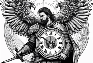 Serbian knight holding a shield with the Serbian eagle in the shield with a clock around him tattoo idea