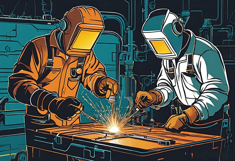 Two 60-year-old characters working together on creating a big mechanism made of iron and electronic circuits. The first character is a welder, dressed in a welding suit and mask. The second character is a fitter, wearing a shirt with sleeves rolled up to the forearms and a tool belt. No hat. The mechanism they are working on should be in the center of the drawing, should look like a heart and to be 1\5 of the whole immage.  Characters positioned on either side of the mechanism. The sketch should convey a sense of teamwork and craftsmanship tattoo idea