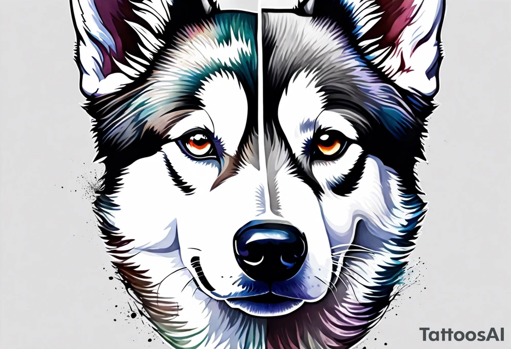 Thigh piece. A black and white Siberian husky face split in half with one half watercolor and one half geometric. tattoo idea
