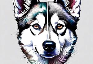 Thigh piece. A black and white Siberian husky face split in half with one half watercolor and one half geometric. tattoo idea