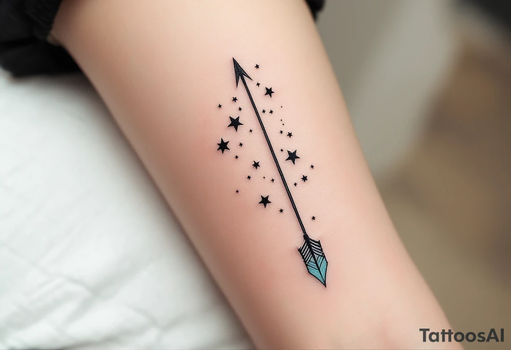 A simple Sagittarius design with black stars connected by fine white lines, hovering above a faded turquoise arrow. tattoo idea