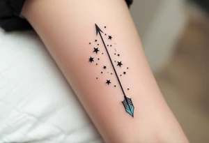 A simple Sagittarius design with black stars connected by fine white lines, hovering above a faded turquoise arrow. tattoo idea
