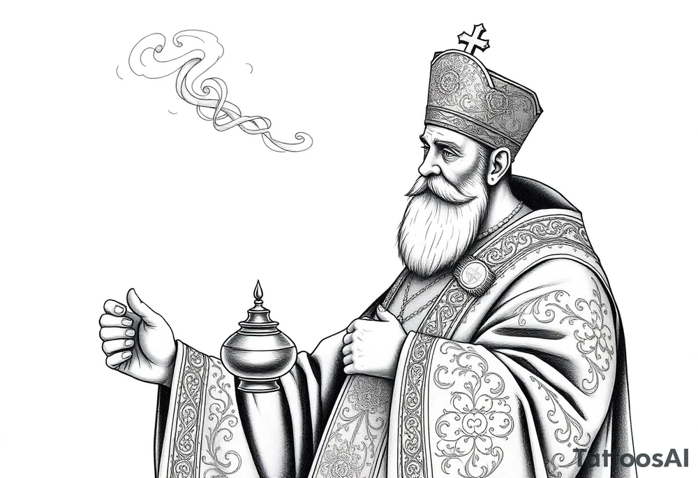 A Russian Orthodox Priest in full gold vestments swinging a censer with smoke curling upward 

The ornate robes give incredible fine line detail
The incense smoke could flow and connect to other elements
It ties directly into the church and Virgin Mary you already have
Very culturally authentic to the overall theme tattoo idea