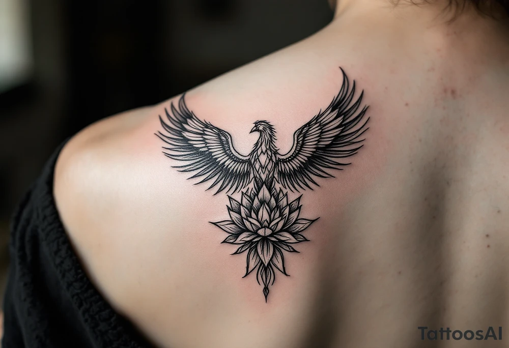 Fine thin lines very small minimalist tattoo combo of phenix and lotus tattoo idea
