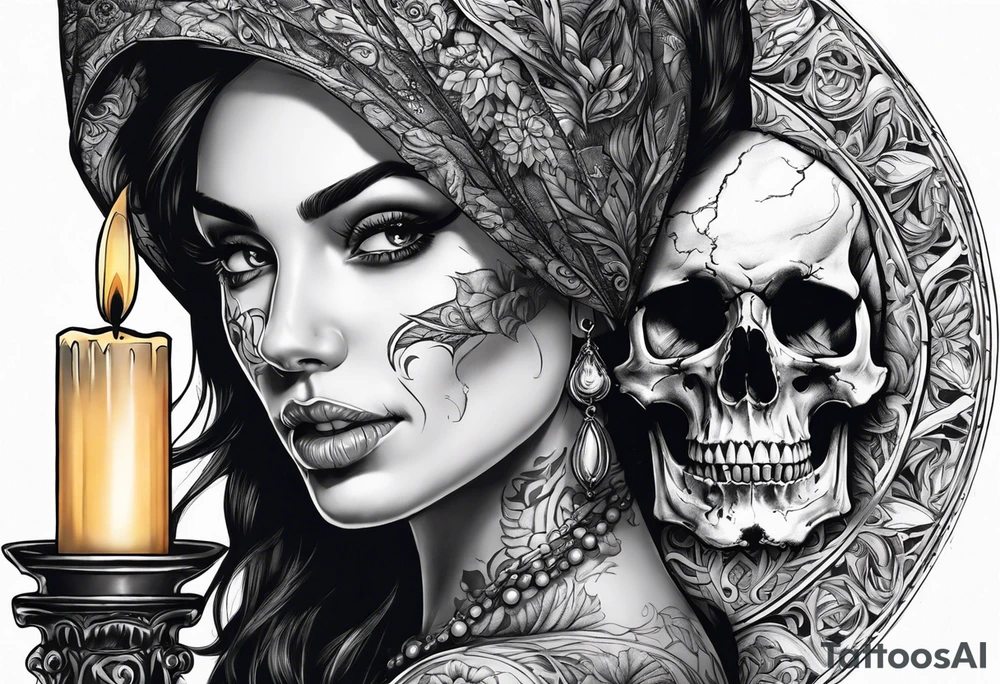 Skull and candle and evil woman's face above tattoo idea
