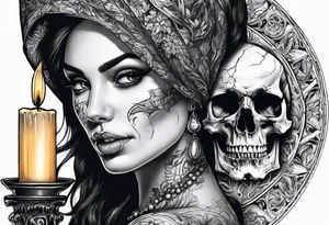 Skull and candle and evil woman's face above tattoo idea