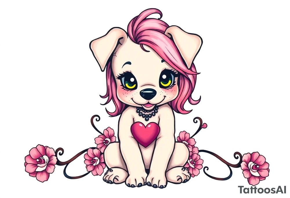 goth sexy puppy girl with big boobs and pink hair full human body tattoo idea