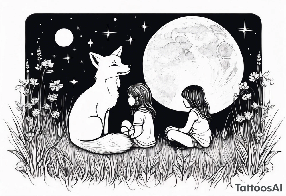 sitting from behind looking at the stars, a little girl and a fox sitting in the grass tattoo idea