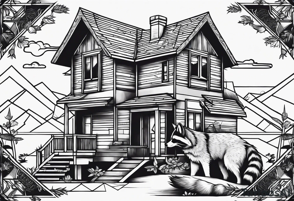 Raccoon and Wolf playing in Front of their New house tattoo idea