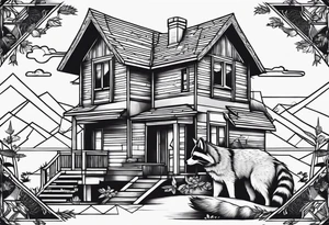 Raccoon and Wolf playing in Front of their New house tattoo idea