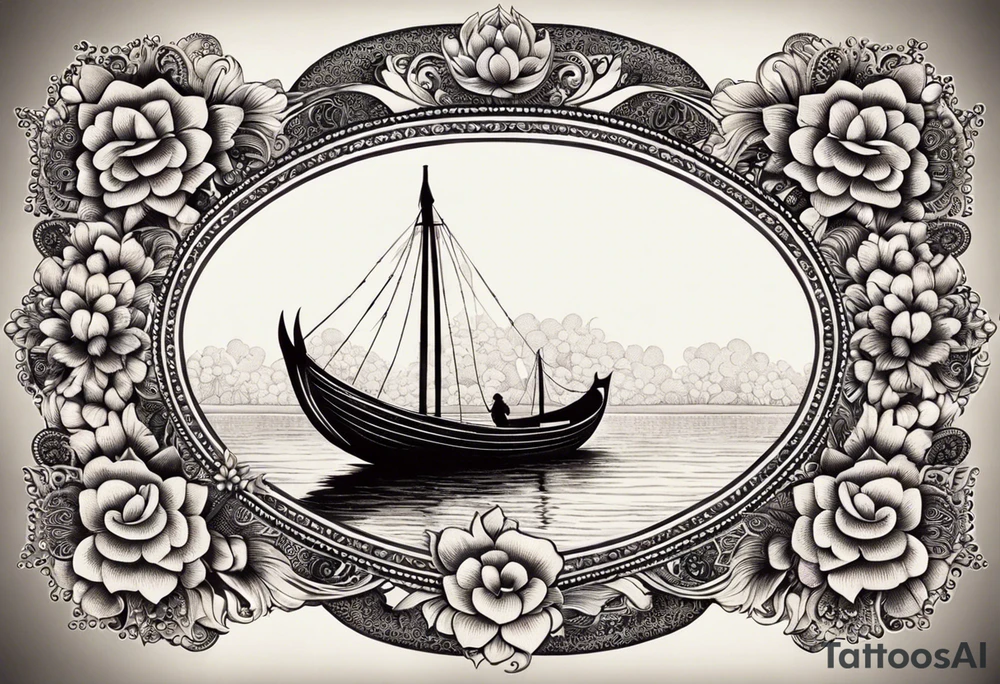 Create an oval-shaped frame with the text “Honeymoon” written in Thai inside the oval. At the center of the oval, place a traditional Thai long-tail boat decorated with flowers at its bow, as is customary. The boat should be floating on open water with gentle waves, and beneath the boat, include a swimming turtle. tattoo idea