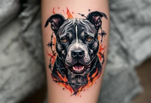 Pitbull surrounded by barbed wire and flames, fierce expression, black and gray fur, with realistic metallic barbed wire and red-orange flames swirling around. tattoo idea