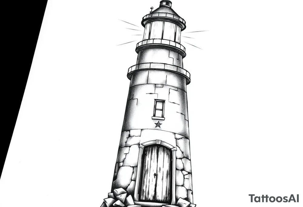 Lighthouse with beams of light with a few windows and an old door with tattoo idea